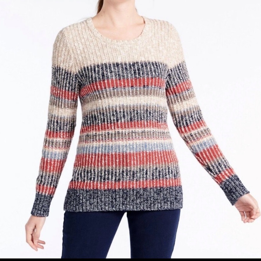 L.L. BEAN  Cotton Ragg Sweater Marled Crewneck Pullover Multi Stripe size L